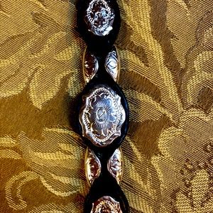 Vintage black leather bracelet with silver color conchos